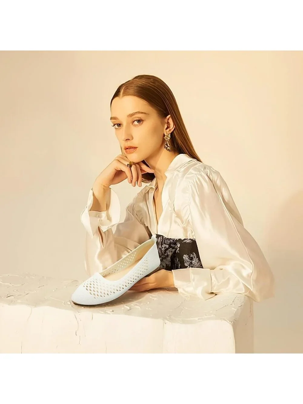 Women's White Comfortable Knit Pointed Toe Slip On Business Casual Ballet Flats